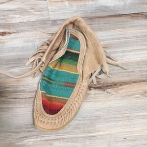 Handmade Tan Leather Fringe Moccasin Ankle Boots Striped Vamp women's 8